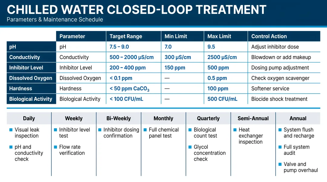 Chilled water closed-loop water treatment parameters and maintenance schedule infographic
