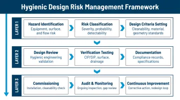 Three-layer hygienic design risk management framework process flow diagram