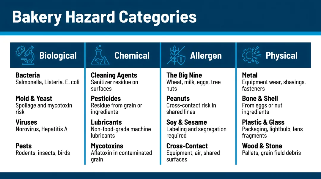 Bakery hazard categories biological chemical allergen and physical risk overview