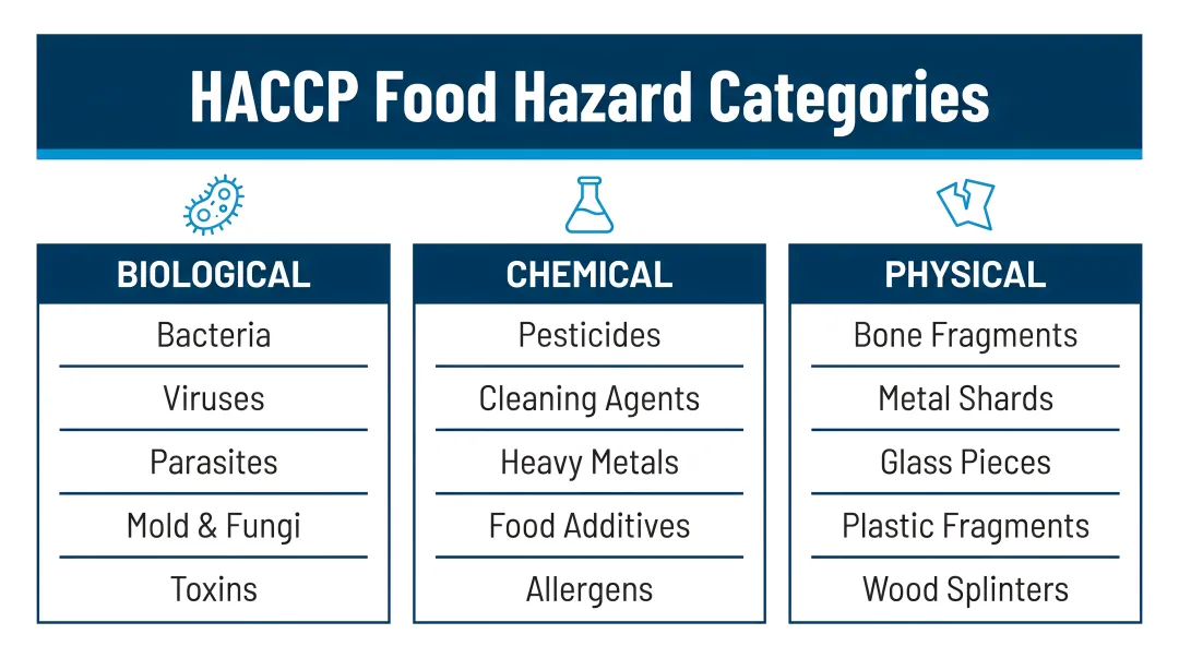 Three HACCP food hazard categories biological chemical and physical with examples