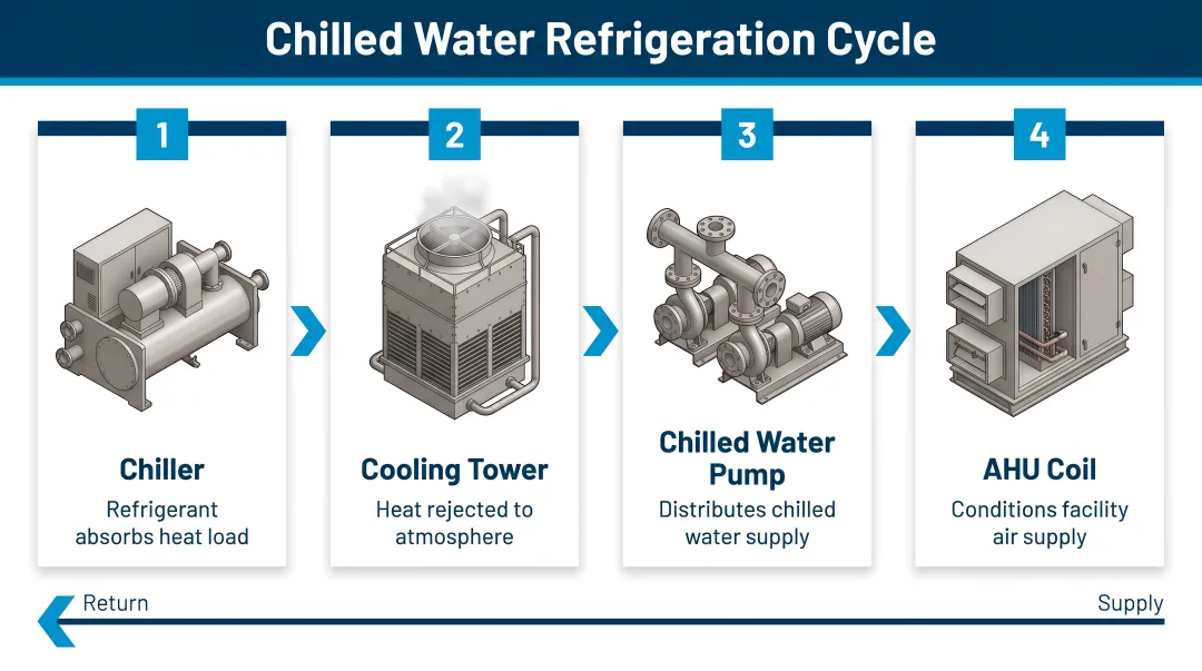 Four-stage chilled water refrigeration cycle process flow diagram
