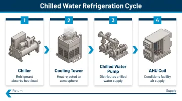 Four-stage chilled water refrigeration cycle process flow diagram