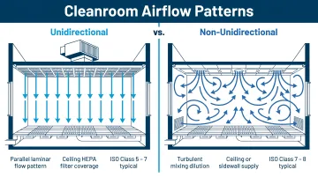 Unidirectional versus non-unidirectional pharmaceutical cleanroom airflow pattern comparison diagram