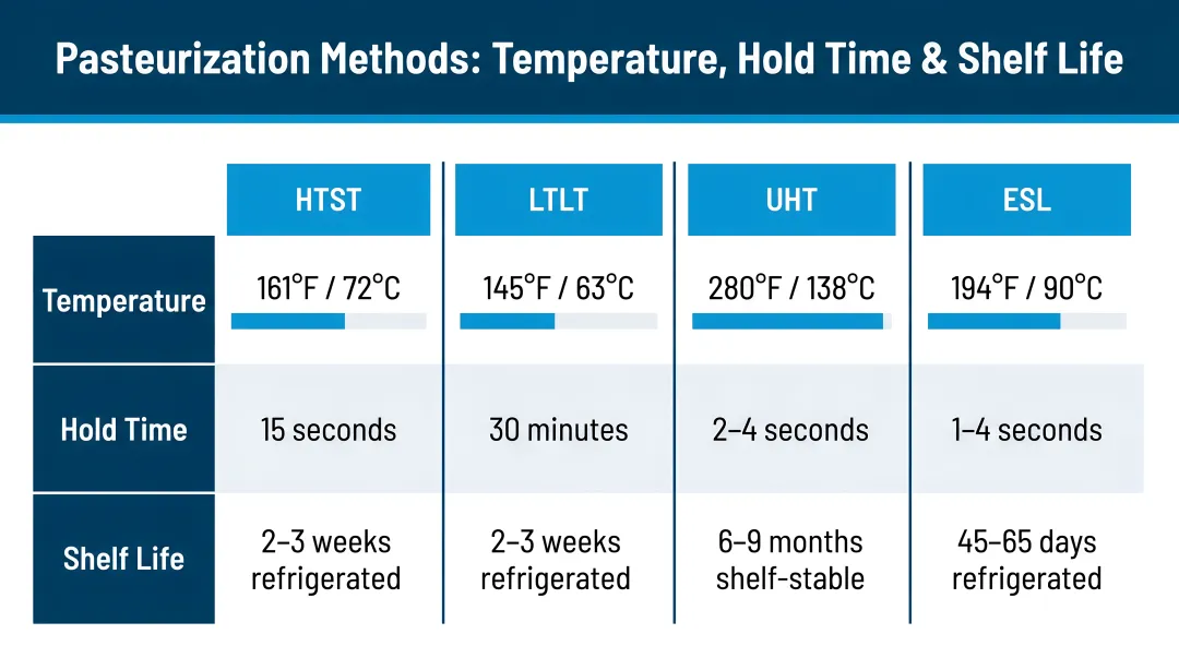 Four pasteurization methods comparison chart temperature hold time and shelf life