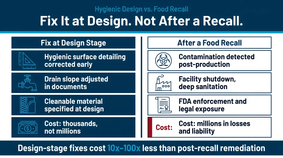 Cost comparison infographic design-stage hygienic risk fix versus food recall