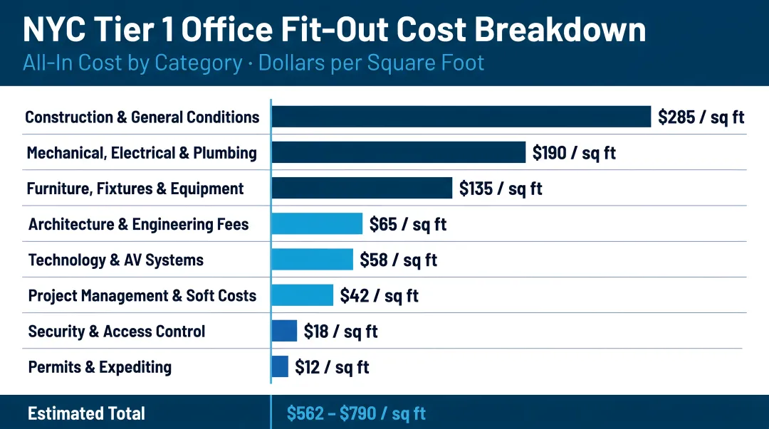 NYC Tier 1 office fit-out all-in cost breakdown by category dollars per square foot