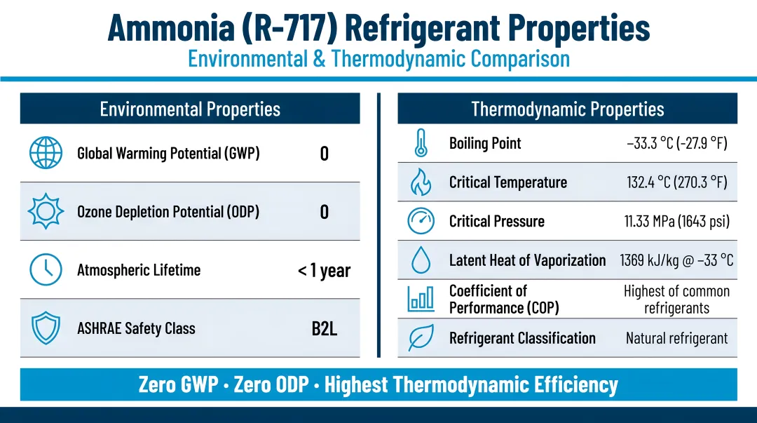 Ammonia refrigerant environmental and thermodynamic properties comparison infographic