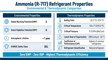 Ammonia refrigerant environmental and thermodynamic properties comparison infographic