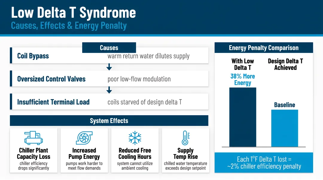 Low delta T syndrome causes effects and energy penalty comparison infographic