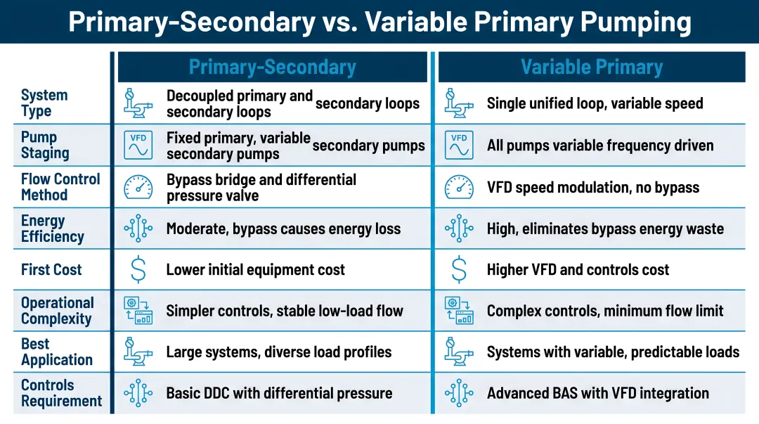 Primary-secondary versus variable primary pumping scheme side-by-side comparison chart