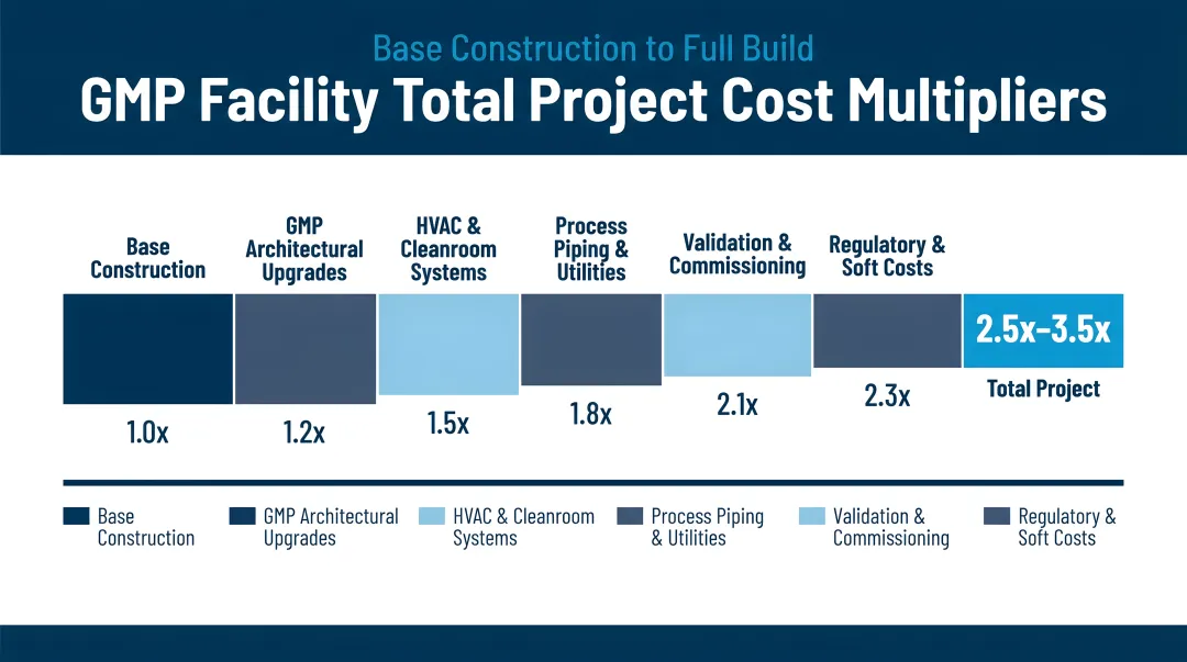 GMP facility total project cost multiplier breakdown from base construction to full build