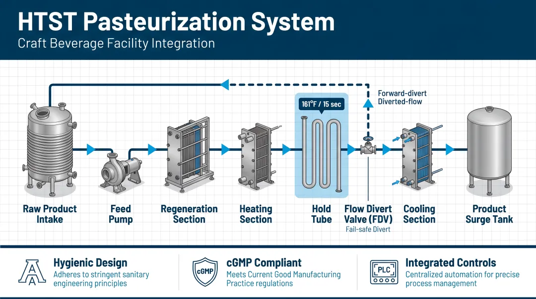 Craft beverage facility engineer reviewing integrated HTST pasteurization system installation plans