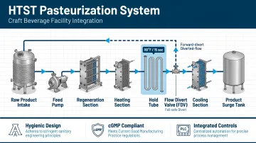 Craft beverage facility engineer reviewing integrated HTST pasteurization system installation plans