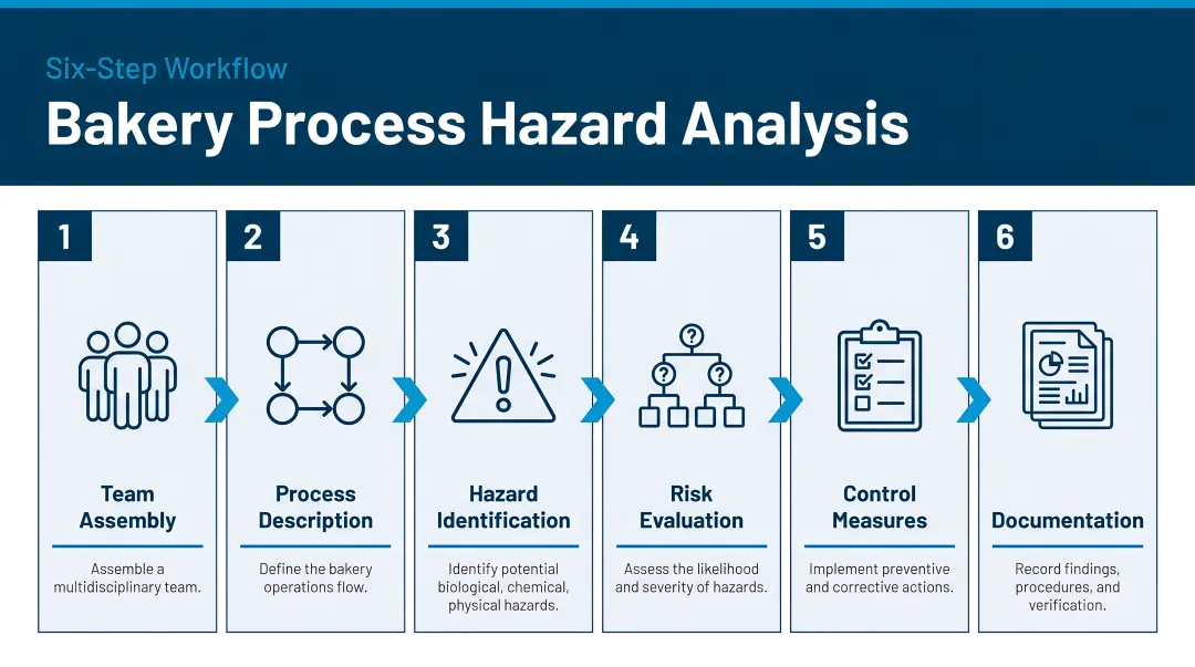 Six-step bakery process hazard analysis workflow from team assembly to documentation