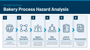 Six-step bakery process hazard analysis workflow from team assembly to documentation