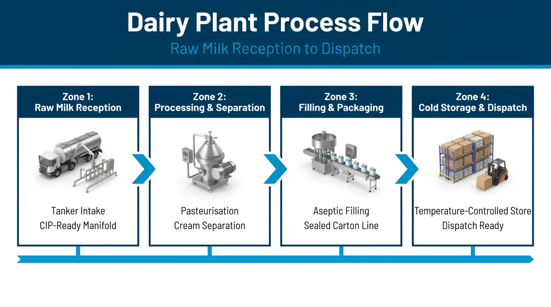 Dairy plant four-zone process flow from raw milk reception to dispatch