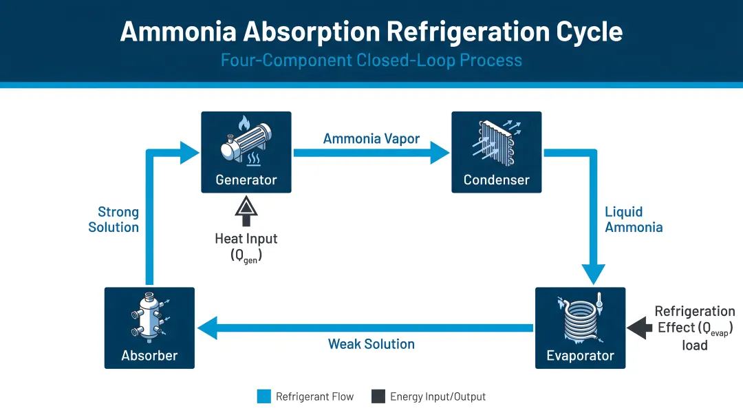 Ammonia absorption refrigeration four-component cycle process flow diagram