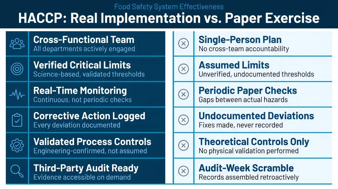 Six requirements for effective HACCP implementation versus common paper exercise pitfalls