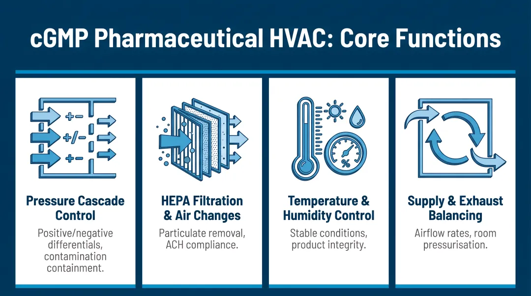 Four core cGMP pharmaceutical HVAC functions process diagram with icons