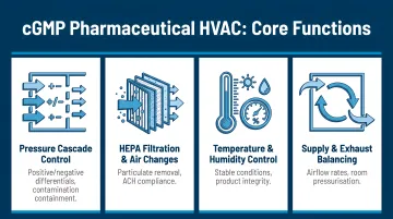 Four core cGMP pharmaceutical HVAC functions process diagram with icons