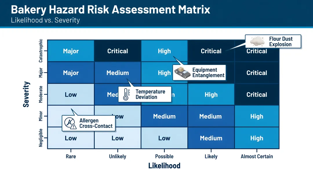 Risk assessment likelihood versus severity matrix for bakery hazard prioritization