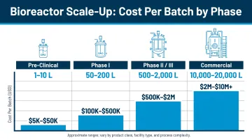 Bioreactor volume scale-up cost per batch from pre-clinical to commercial phase