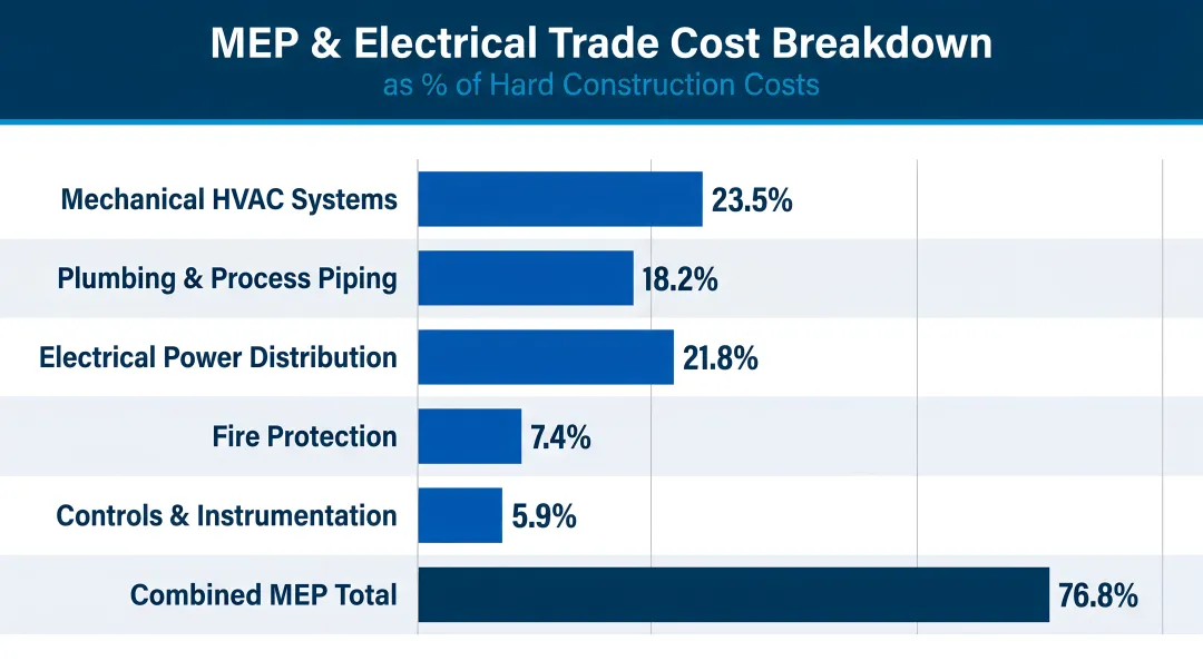 MEP and electrical trade cost breakdown as percentage of hard construction costs
