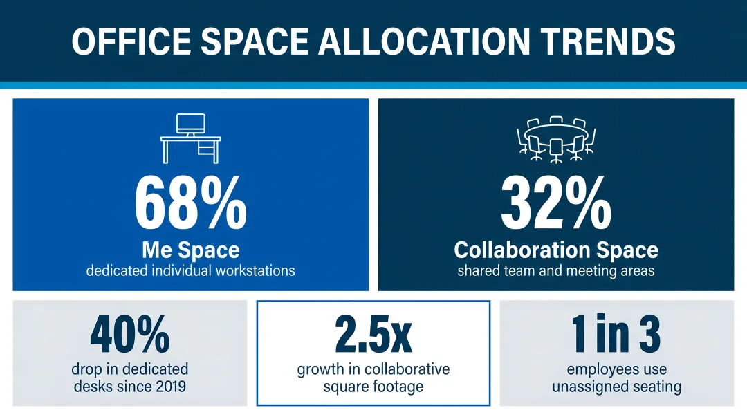 Office space allocation trends showing me space versus collaboration space usage statistics