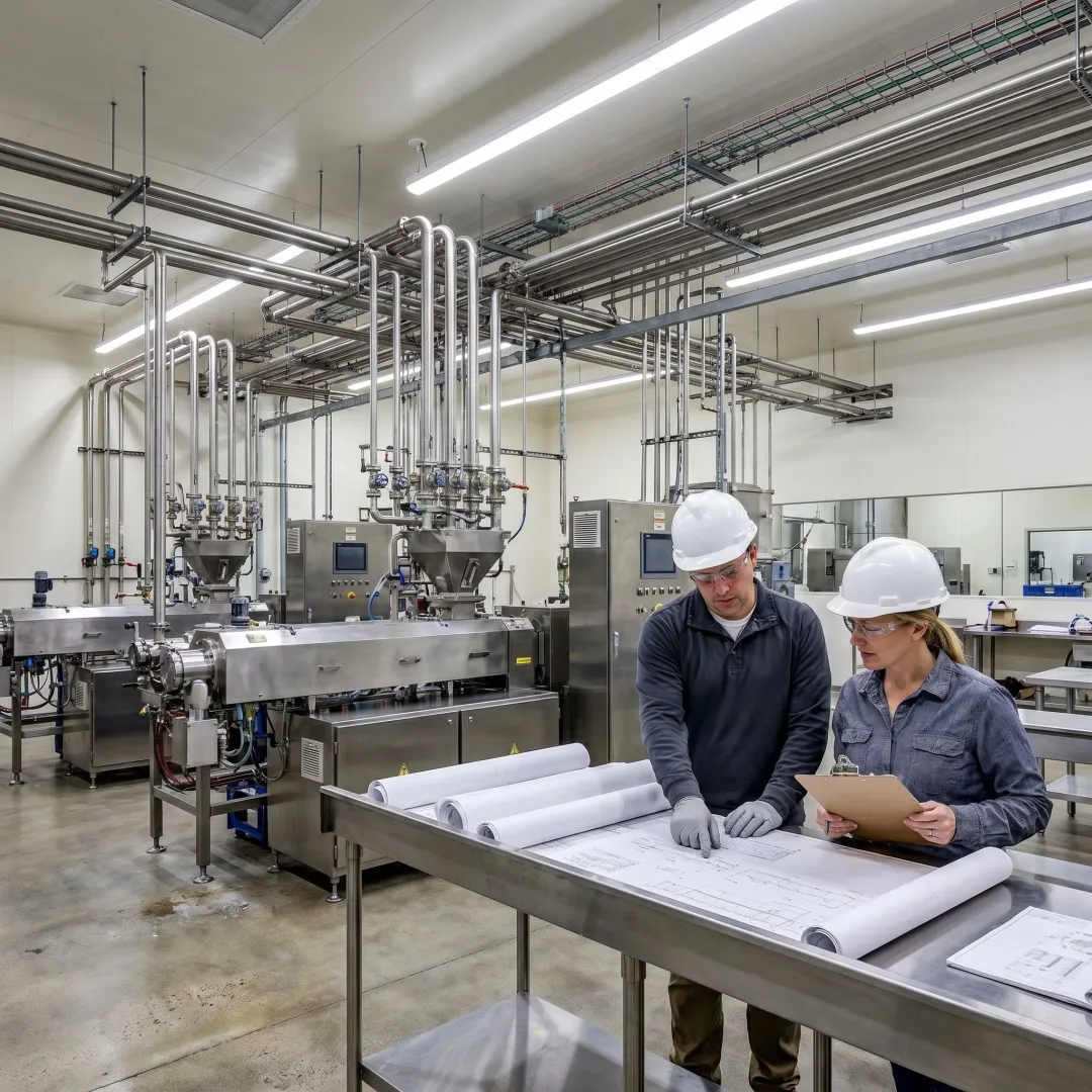 Alternative protein processing facility with engineers reviewing production systems