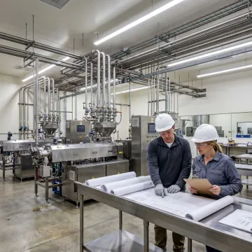 Alternative protein processing facility with engineers reviewing production systems