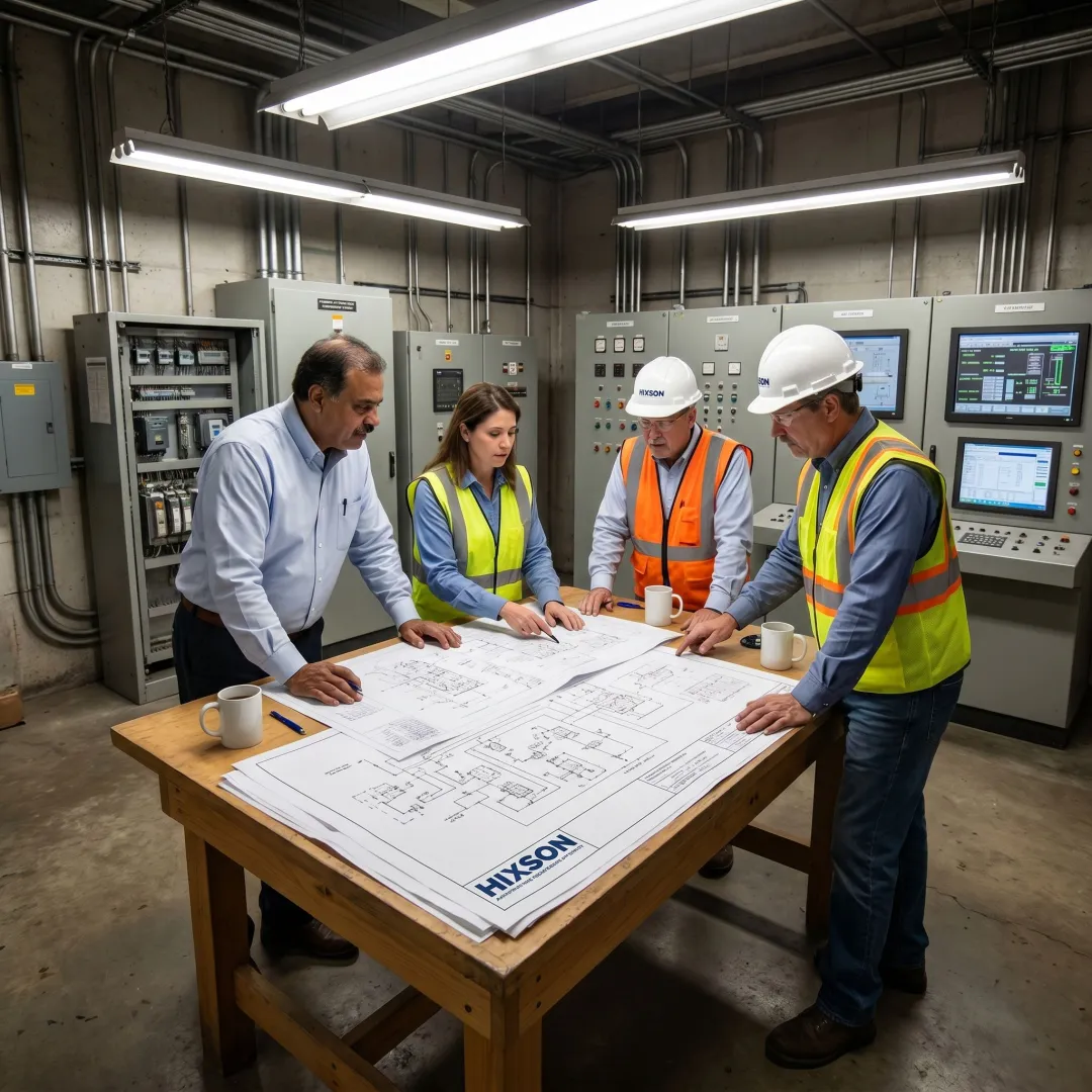 Engineers reviewing ammonia refrigeration process drawings