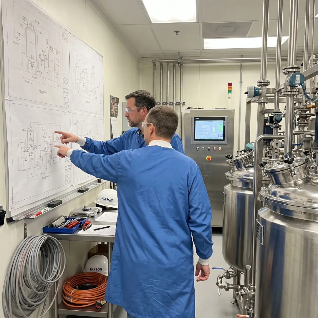 Pharmaceutical process engineering team reviewing cGMP system plans