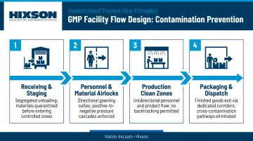 Four-step unidirectional GMP facility flow design contamination prevention diagram