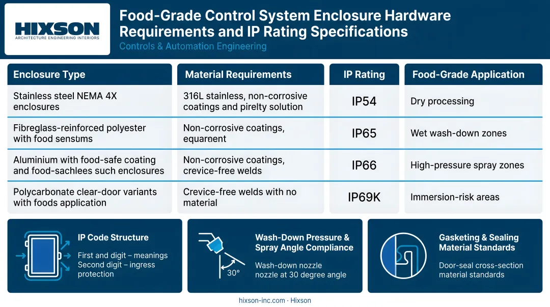 Food-grade control system enclosure hardware requirements and IP rating specifications infographic