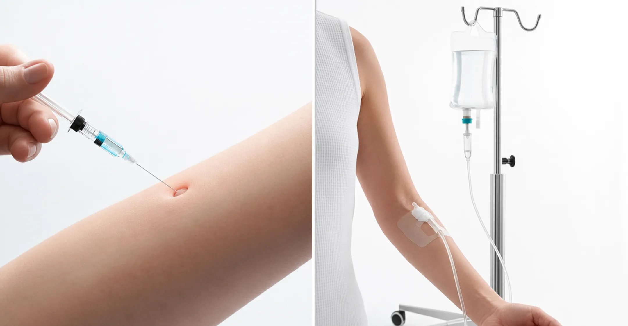 Nurse administering vitamin injection versus full IV drip setup