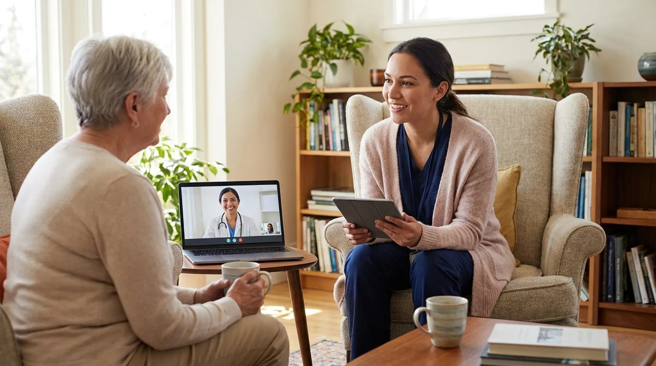 Provider consulting with patient during extended in-home primary care visit