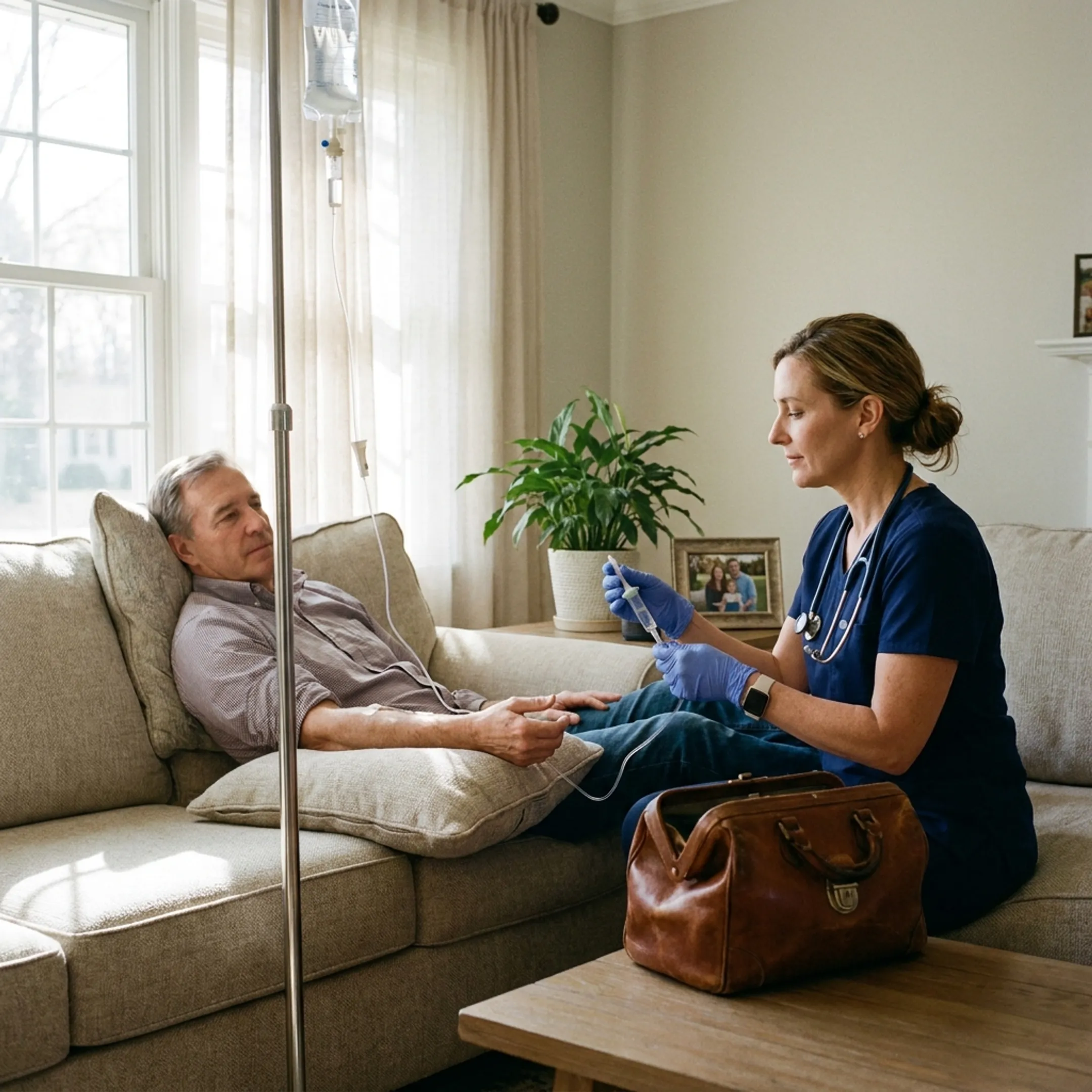 Provider monitoring a patient during an in-home IV infusion