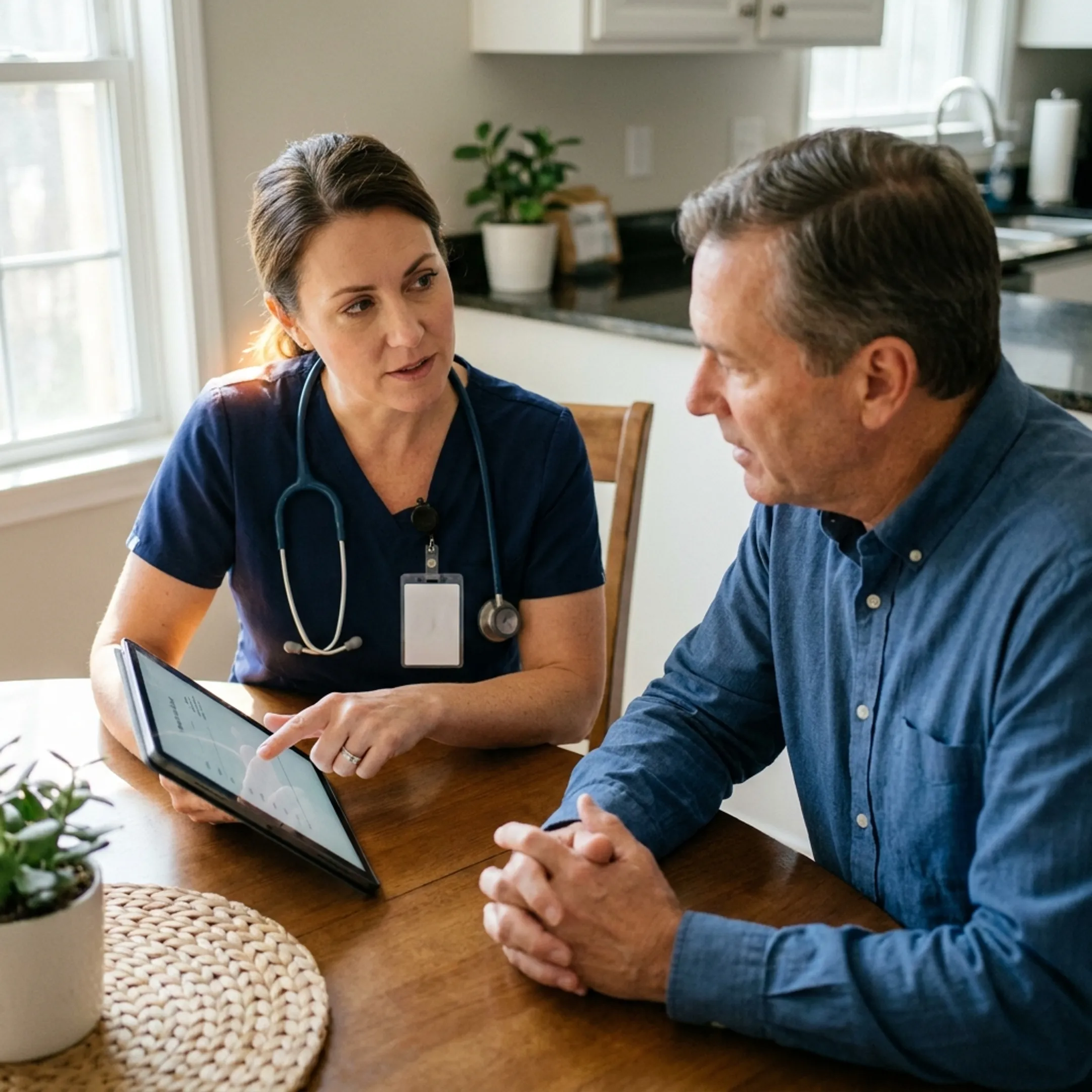 Patient and provider reviewing wellness goals at home