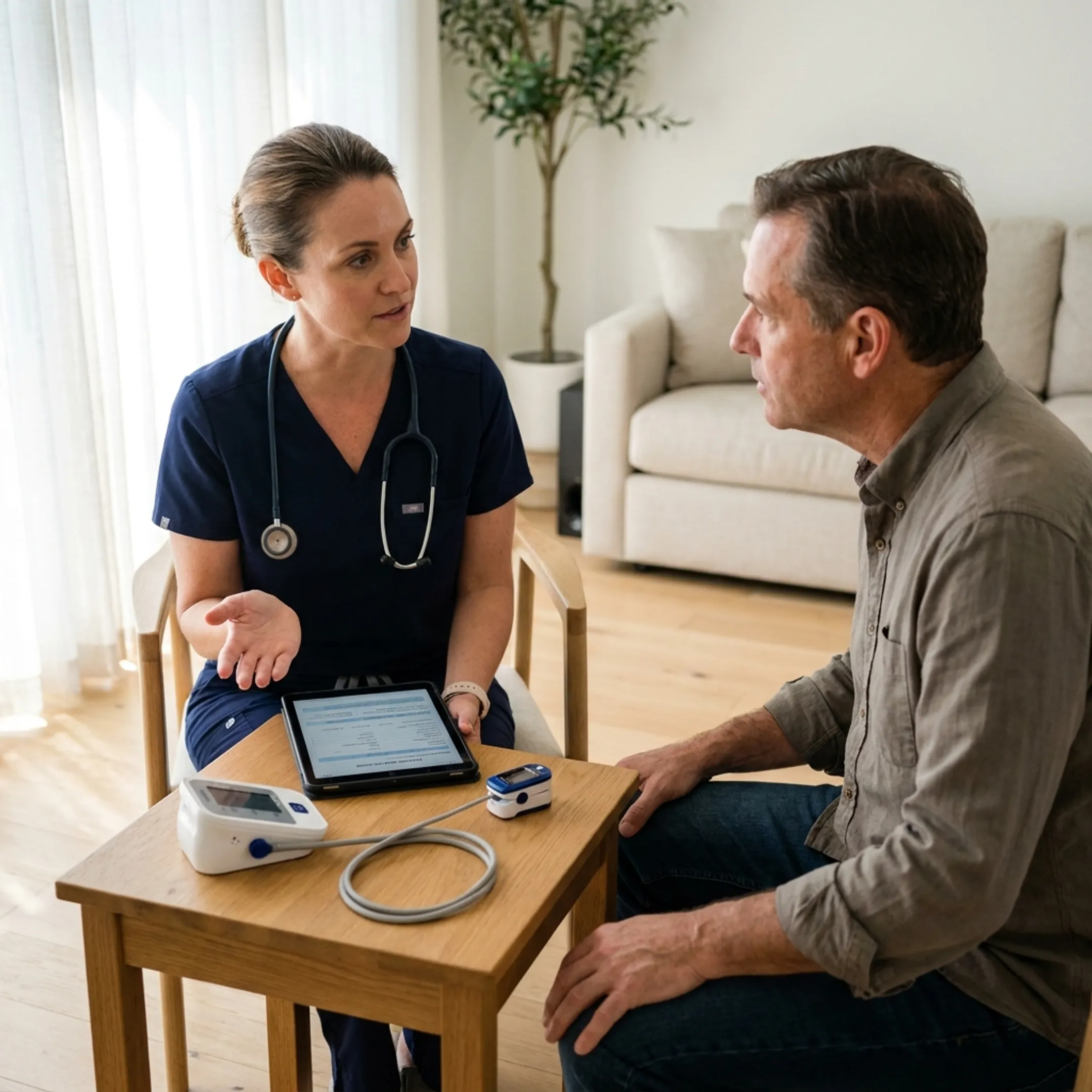 Nurse practitioner reviewing a wellness plan during a home visit