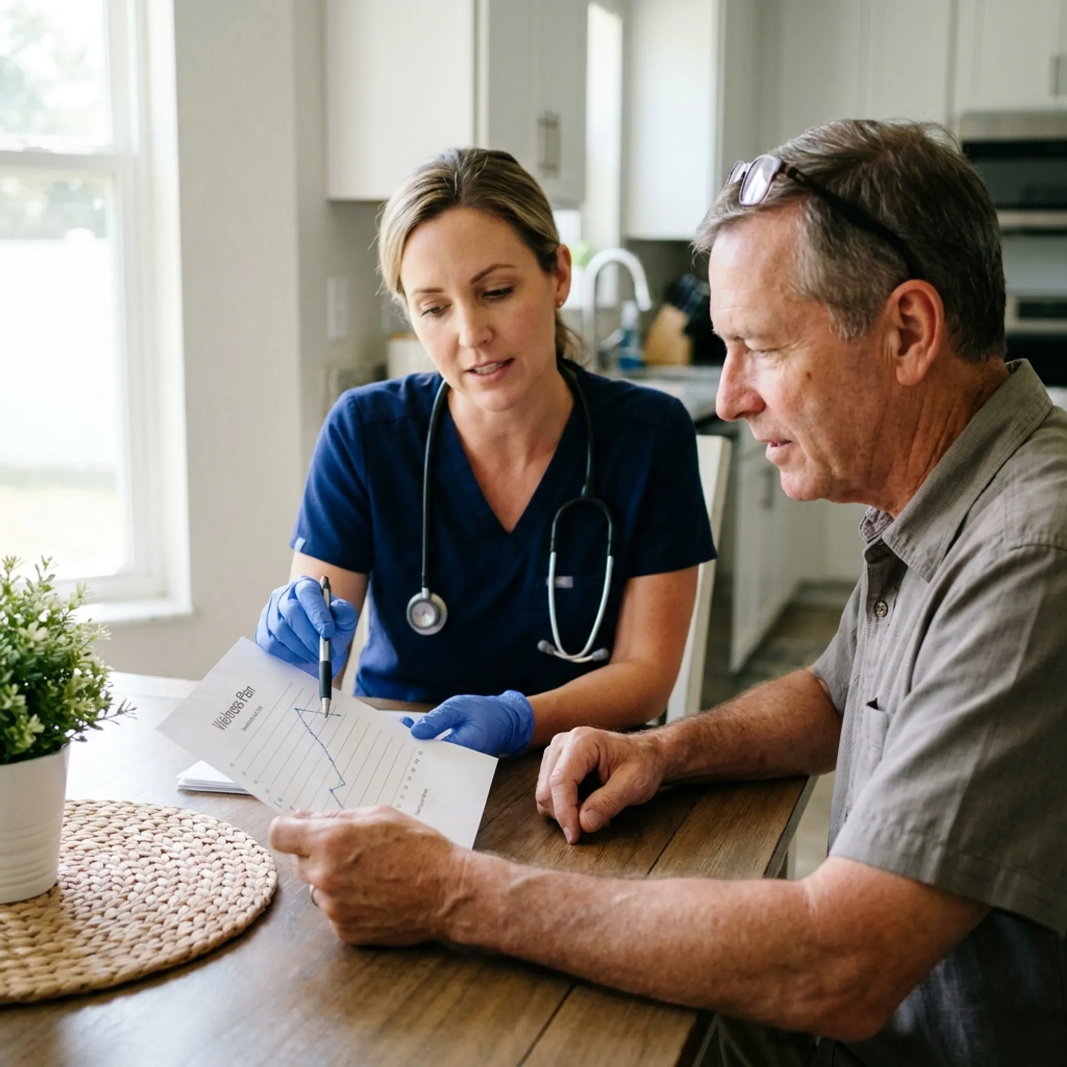 Provider and patient reviewing a personalized wellness plan at home