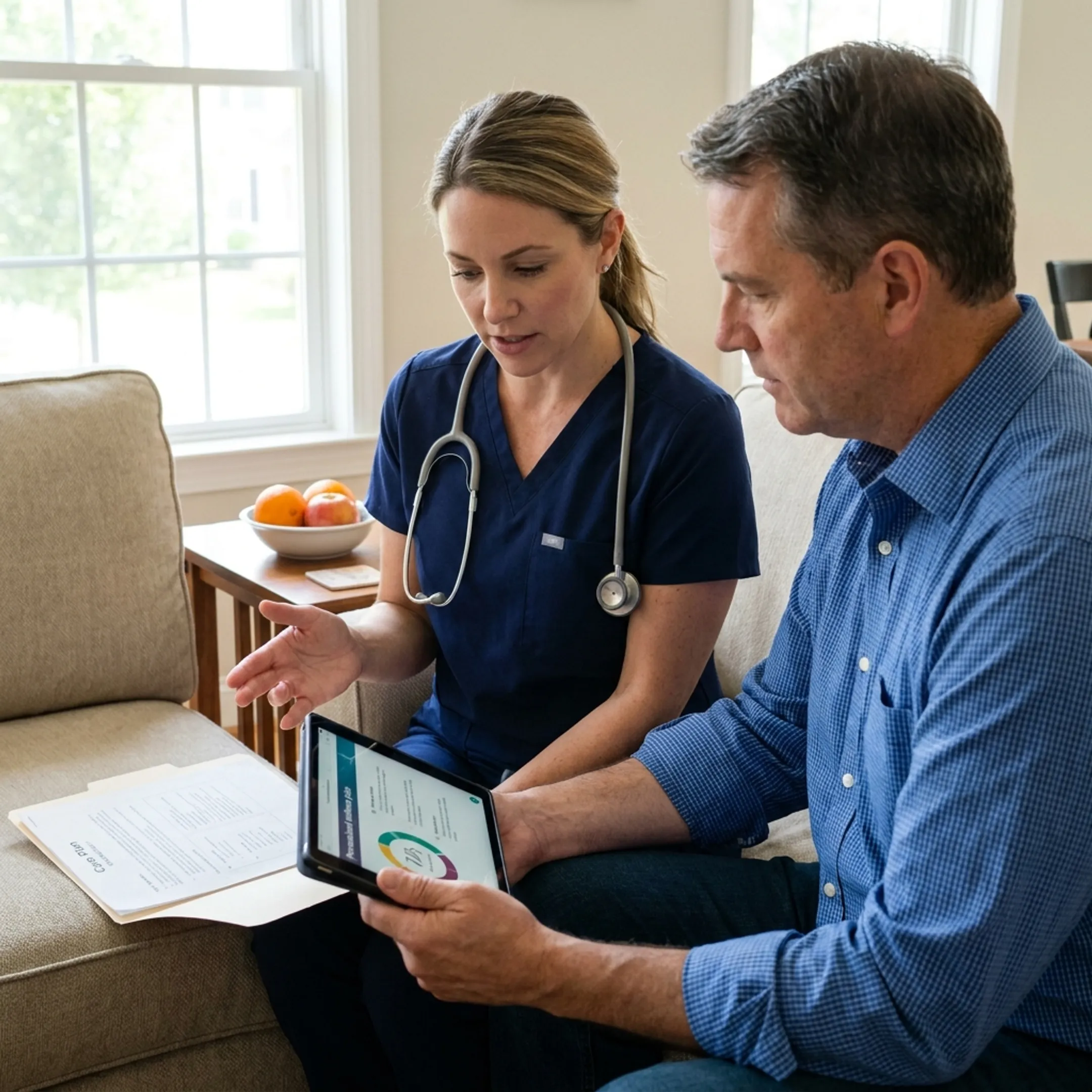 Nurse practitioner discussing wellness plan during home visit