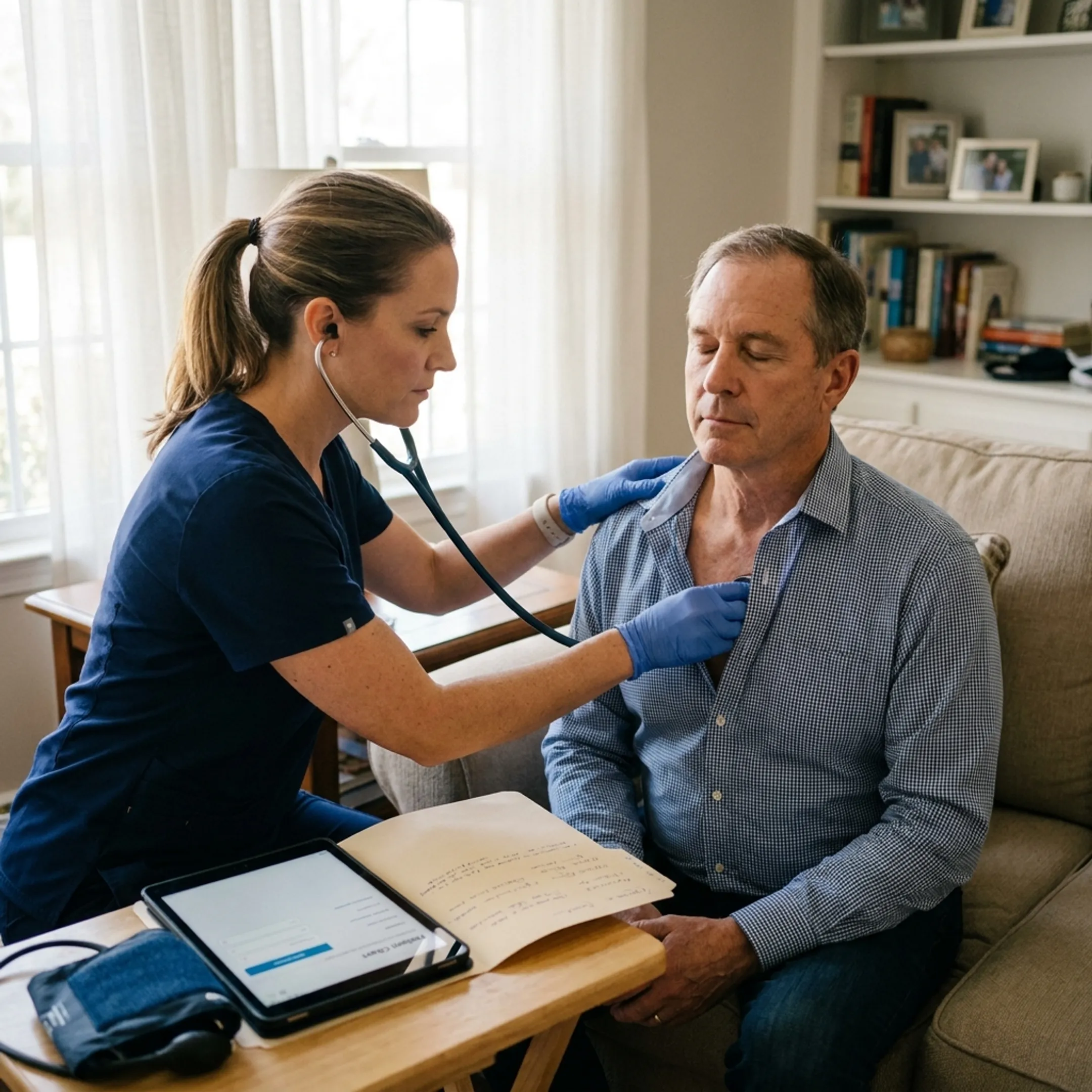 Provider conducting a relaxed in-home primary care consultation