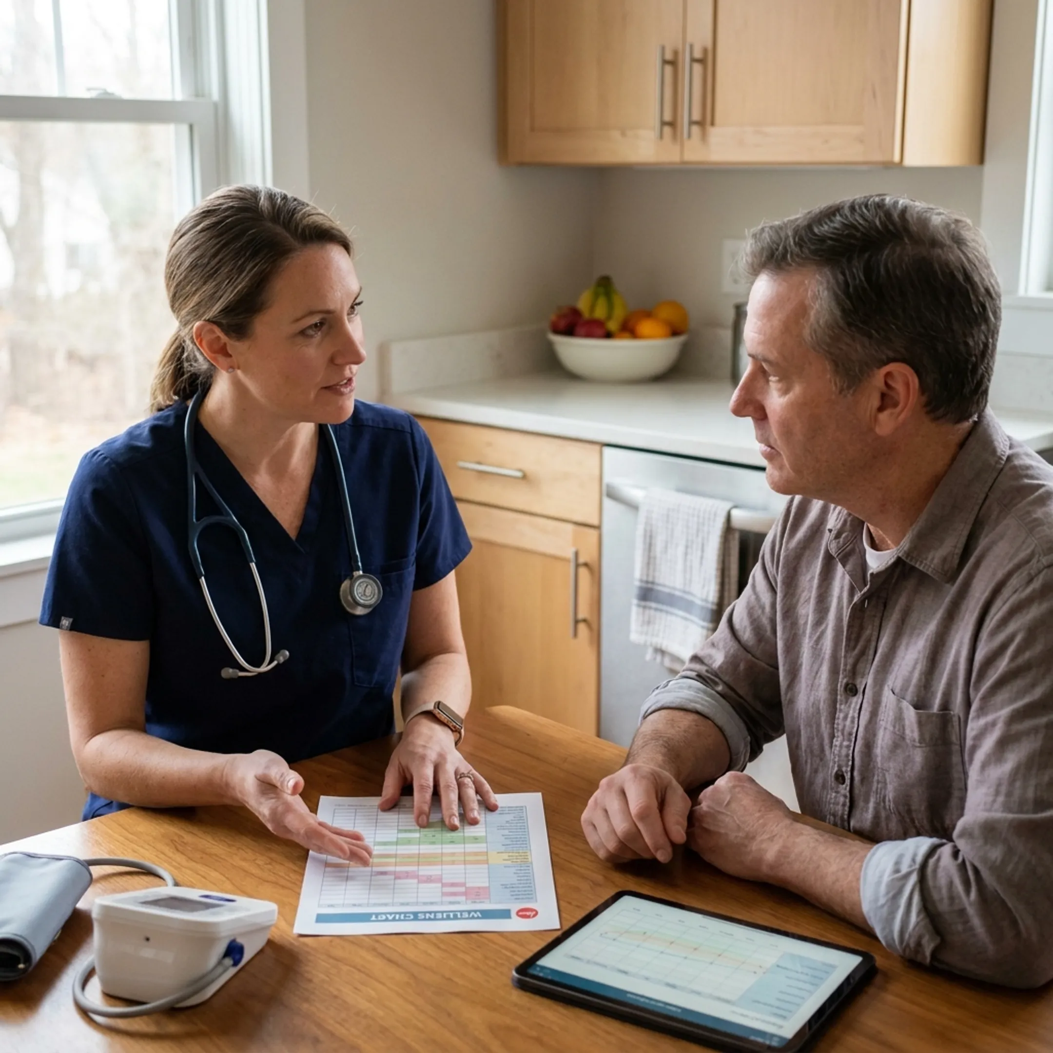 Nurse practitioner discussing a wellness plan during a home visit