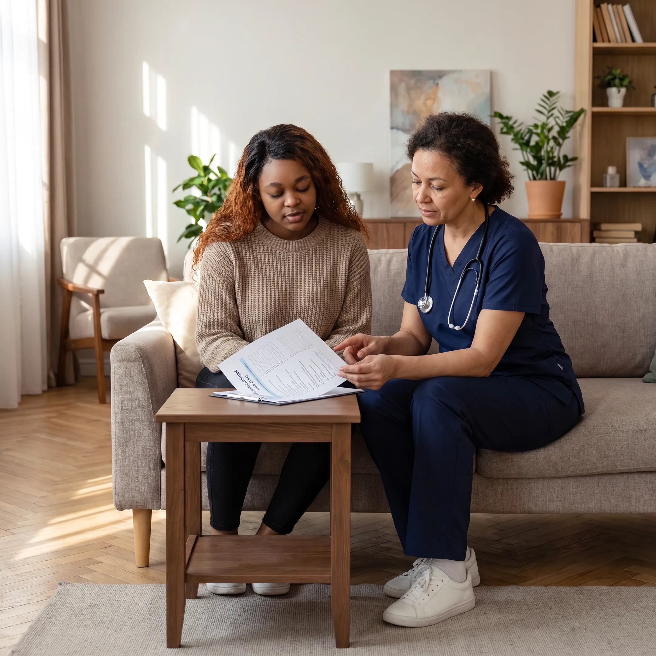 Nurse practitioner reviewing wellness goals during a home visit