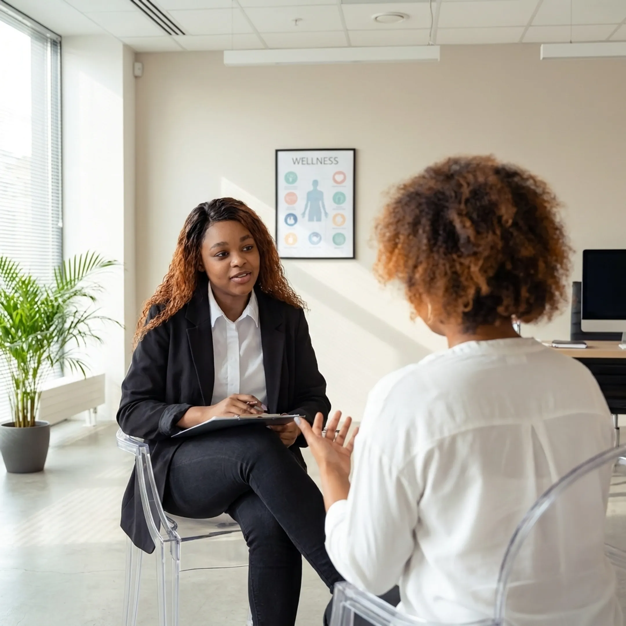 Adult patient and provider discussing sustainable wellness goals