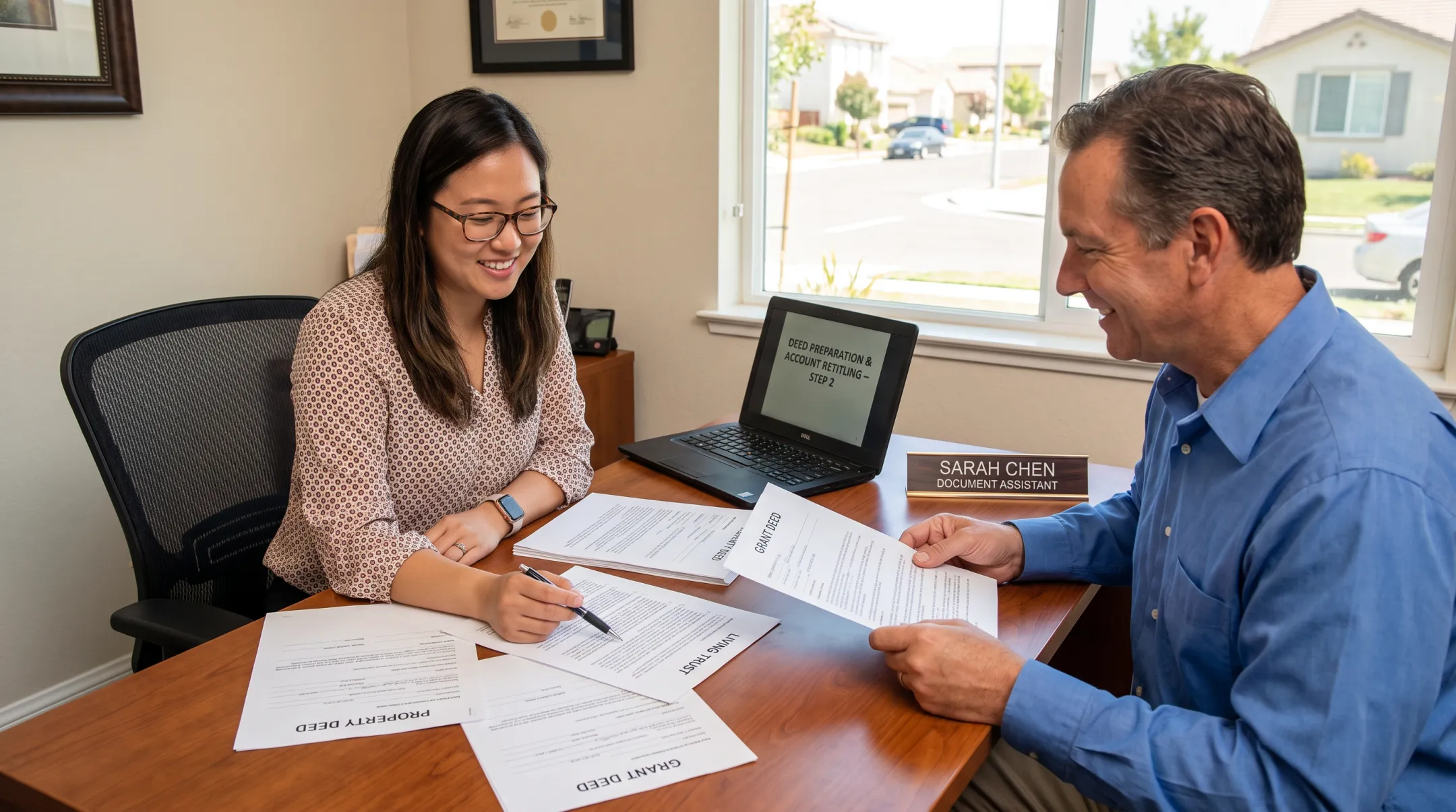 HomeTrust advisor reviewing deed and trust funding documents with homeowner