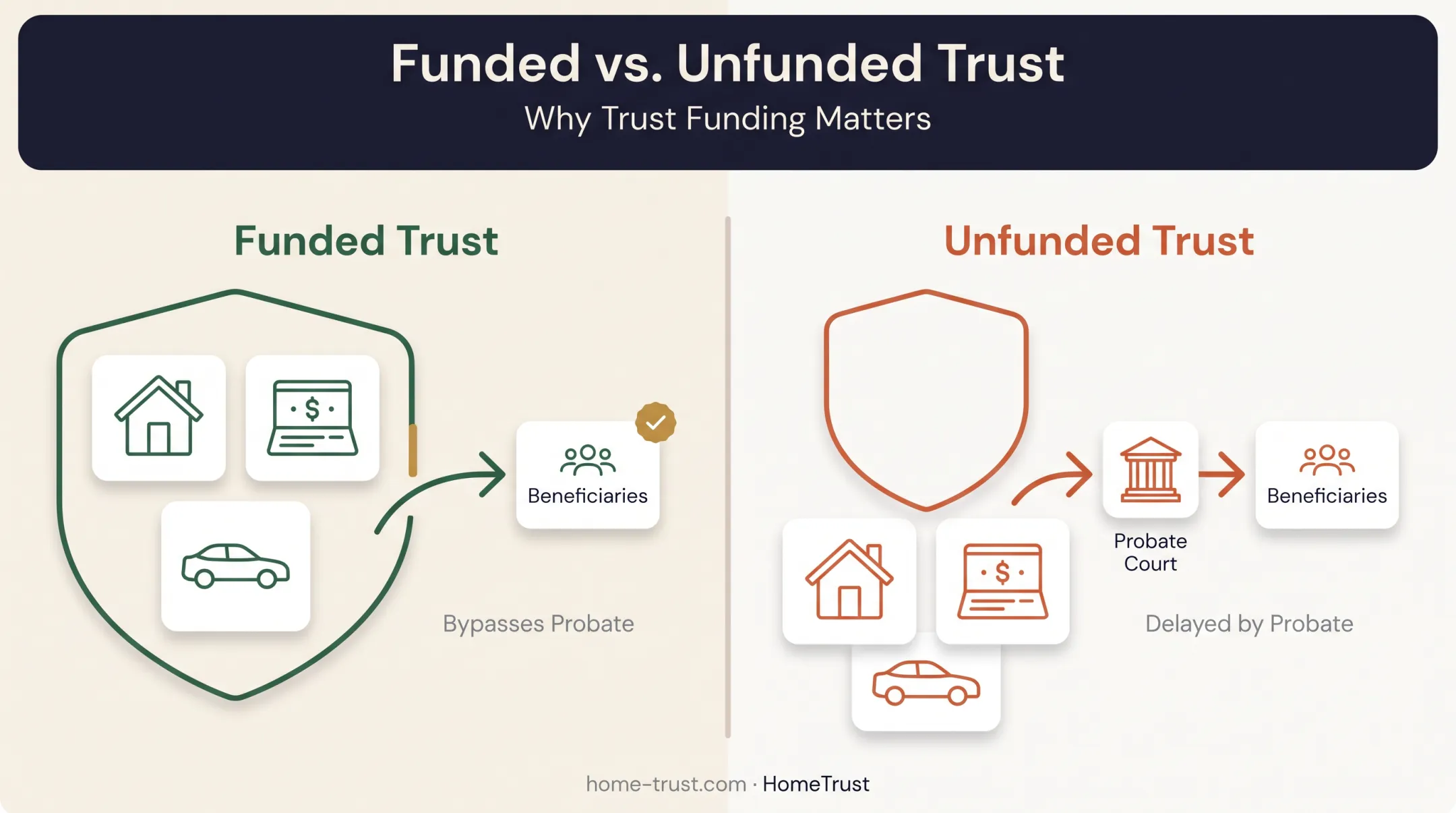 Funded versus unfunded trust comparison showing probate outcome differences