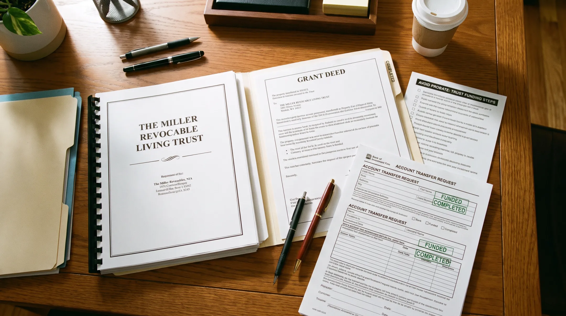 Estate planning documents including living trust and property deed