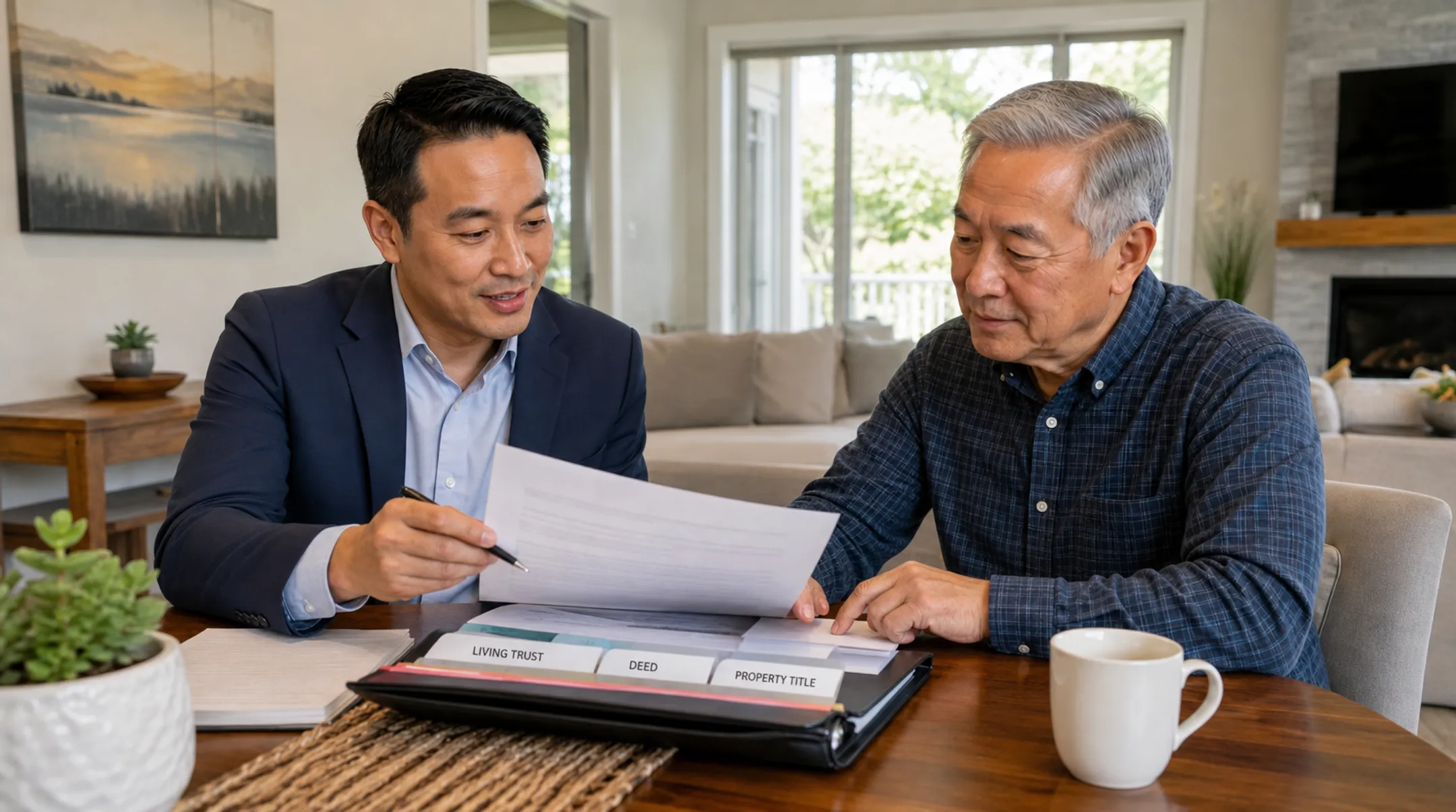 Homeowner reviewing living trust documents with document preparer