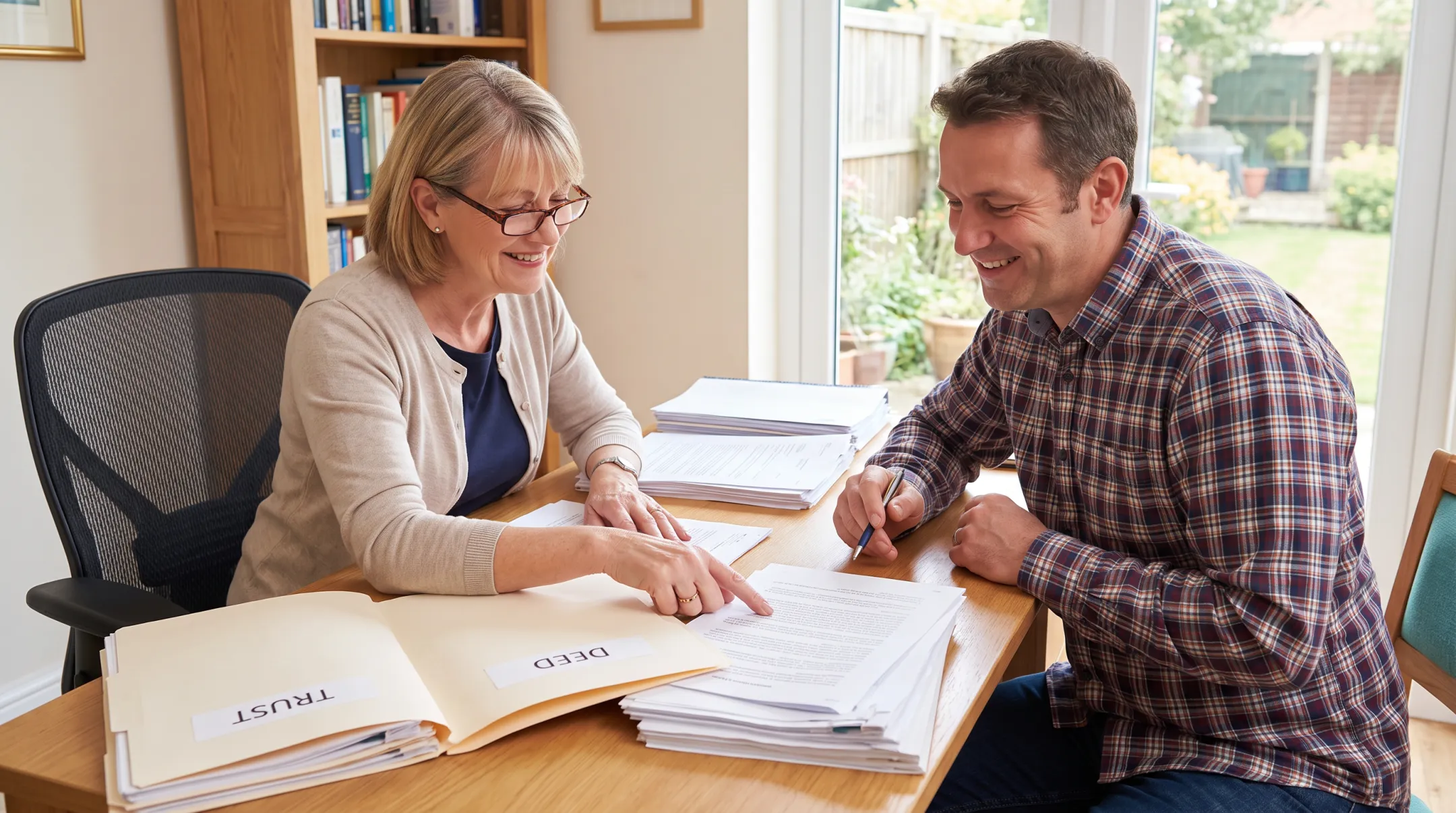 Document preparer reviewing living trust and deed paperwork with client